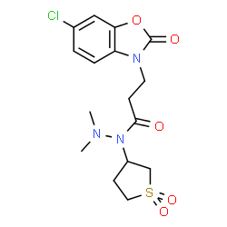 ChemSpider 2D Image | 3-(6-Chloro-2-oxo-1,3-benzoxazol-3(2H)-yl)-N-(1,1-dioxidotetrahydro-3-thiophenyl)-N',N'-dimethylpropanehydrazide | C16H20ClN3O5S