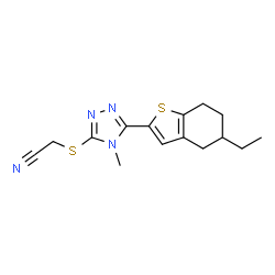ChemSpider 2D Image | {[5-(5-Ethyl-4,5,6,7-tetrahydro-1-benzothiophen-2-yl)-4-methyl-4H-1,2,4-triazol-3-yl]sulfanyl}acetonitrile | C15H18N4S2