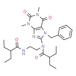 ChemSpider 2D Image | N-(7-Benzyl-1,3-dimethyl-2,6-dioxo-2,3,6,7-tetrahydro-1H-purin-8-yl)-2-ethyl-N-{2-[(2-ethylbutanoyl)amino]ethyl}butanamide | C28H40N6O4