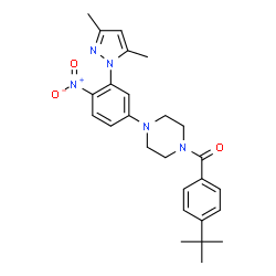 ChemSpider 2D Image | {4-[3-(3,5-Dimethyl-1H-pyrazol-1-yl)-4-nitrophenyl]-1-piperazinyl}[4-(2-methyl-2-propanyl)phenyl]methanone | C26H31N5O3