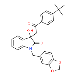 ChemSpider 2D Image | 1-(1,3-Benzodioxol-5-ylmethyl)-3-hydroxy-3-{2-[4-(2-methyl-2-propanyl)phenyl]-2-oxoethyl}-1,3-dihydro-2H-indol-2-one | C28H27NO5