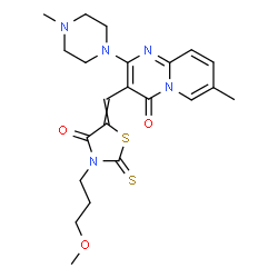 ChemSpider 2D Image | 3-{[3-(3-Methoxypropyl)-4-oxo-2-thioxo-1,3-thiazolidin-5-ylidene]methyl}-7-methyl-2-(4-methyl-1-piperazinyl)-4H-pyrido[1,2-a]pyrimidin-4-one | C22H27N5O3S2