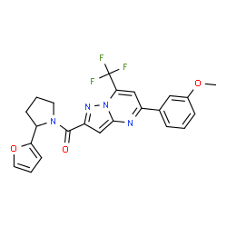 ChemSpider 2D Image | [2-(2-Furyl)-1-pyrrolidinyl][5-(3-methoxyphenyl)-7-(trifluoromethyl)pyrazolo[1,5-a]pyrimidin-2-yl]methanone | C23H19F3N4O3