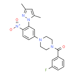 ChemSpider 2D Image | {4-[3-(3,5-Dimethyl-1H-pyrazol-1-yl)-4-nitrophenyl]-1-piperazinyl}(3-fluorophenyl)methanone | C22H22FN5O3