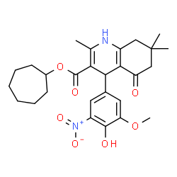 ChemSpider 2D Image | Cycloheptyl 4-(4-hydroxy-3-methoxy-5-nitrophenyl)-2,7,7-trimethyl-5-oxo-1,4,5,6,7,8-hexahydro-3-quinolinecarboxylate | C27H34N2O7