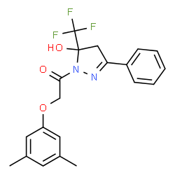 ChemSpider 2D Image | 2-(3,5-Dimethylphenoxy)-1-[5-hydroxy-3-phenyl-5-(trifluoromethyl)-4,5-dihydro-1H-pyrazol-1-yl]ethanone | C20H19F3N2O3