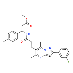 ChemSpider 2D Image | Ethyl 3-({3-[2-(3-fluorophenyl)-5,7-dimethylpyrazolo[1,5-a]pyrimidin-6-yl]propanoyl}amino)-3-(4-methylphenyl)propanoate | C29H31FN4O3