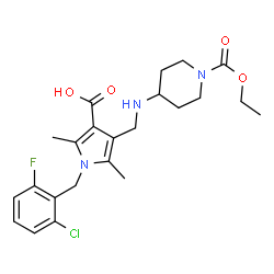 ChemSpider 2D Image | 1-(2-Chloro-6-fluorobenzyl)-4-({[1-(ethoxycarbonyl)-4-piperidinyl]amino}methyl)-2,5-dimethyl-1H-pyrrole-3-carboxylic acid | C23H29ClFN3O4