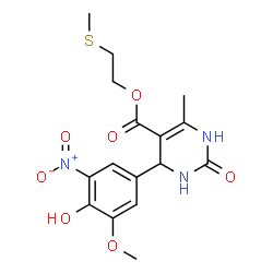 ChemSpider 2D Image | 2-(Methylsulfanyl)ethyl 4-(4-hydroxy-3-methoxy-5-nitrophenyl)-6-methyl-2-oxo-1,2,3,4-tetrahydro-5-pyrimidinecarboxylate | C16H19N3O7S