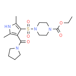 ChemSpider 2D Image | Ethyl 4-{[2,5-dimethyl-4-(1-pyrrolidinylcarbonyl)-1H-pyrrol-3-yl]sulfonyl}-1-piperazinecarboxylate | C18H28N4O5S