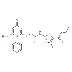 ChemSpider 2D Image | Ethyl 2-({[(6-amino-4-oxo-1-phenyl-1,4-dihydro-2-pyrimidinyl)sulfanyl]acetyl}amino)-4-methyl-1,3-thiazole-5-carboxylate | C19H19N5O4S2