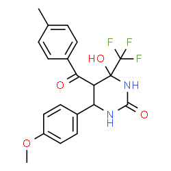 ChemSpider 2D Image | 4-Hydroxy-6-(4-methoxyphenyl)-5-(4-methylbenzoyl)-4-(trifluoromethyl)tetrahydro-2(1H)-pyrimidinone | C20H19F3N2O4