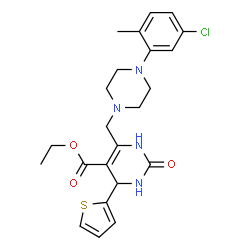 ChemSpider 2D Image | Ethyl 6-{[4-(5-chloro-2-methylphenyl)-1-piperazinyl]methyl}-2-oxo-4-(2-thienyl)-1,2,3,4-tetrahydro-5-pyrimidinecarboxylate | C23H27ClN4O3S