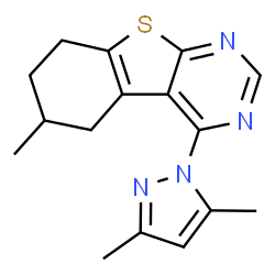 ChemSpider 2D Image | 4-(3,5-Dimethyl-1H-pyrazol-1-yl)-6-methyl-5,6,7,8-tetrahydro[1]benzothieno[2,3-d]pyrimidine | C16H18N4S