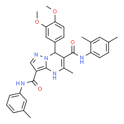 ChemSpider 2D Image | 7-(3,4-Dimethoxyphenyl)-N~6~-(2,4-dimethylphenyl)-5-methyl-N~3~-(3-methylphenyl)-4,7-dihydropyrazolo[1,5-a]pyrimidine-3,6-dicarboxamide | C32H33N5O4
