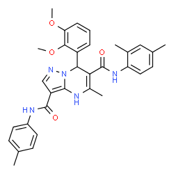 ChemSpider 2D Image | 7-(2,3-Dimethoxyphenyl)-N~6~-(2,4-dimethylphenyl)-5-methyl-N~3~-(4-methylphenyl)-4,7-dihydropyrazolo[1,5-a]pyrimidine-3,6-dicarboxamide | C32H33N5O4
