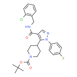ChemSpider 2D Image | 2-Methyl-2-propanyl 4-{4-[(2-chlorobenzyl)carbamoyl]-1-(4-fluorophenyl)-1H-pyrazol-5-yl}-1-piperidinecarboxylate | C27H30ClFN4O3
