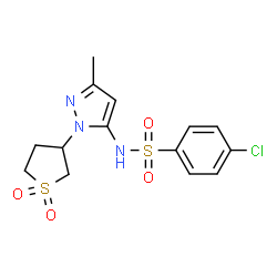 ChemSpider 2D Image | 4-Chloro-N-[1-(1,1-dioxidotetrahydro-3-thiophenyl)-3-methyl-1H-pyrazol-5-yl]benzenesulfonamide | C14H16ClN3O4S2