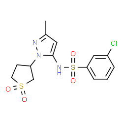 ChemSpider 2D Image | 3-Chloro-N-[1-(1,1-dioxidotetrahydro-3-thiophenyl)-3-methyl-1H-pyrazol-5-yl]benzenesulfonamide | C14H16ClN3O4S2