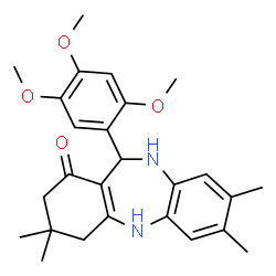 ChemSpider 2D Image | 3,3,7,8-Tetramethyl-11-(2,4,5-trimethoxyphenyl)-2,3,4,5,10,11-hexahydro-1H-dibenzo[b,e][1,4]diazepin-1-one | C26H32N2O4
