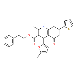 ChemSpider 2D Image | 2-Phenylethyl 2-methyl-4-(5-methyl-2-furyl)-5-oxo-7-(2-thienyl)-1,4,5,6,7,8-hexahydro-3-quinolinecarboxylate | C28H27NO4S