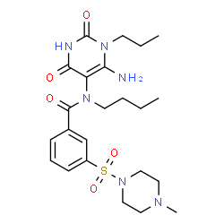 ChemSpider 2D Image | N-(6-Amino-2,4-dioxo-1-propyl-1,2,3,4-tetrahydro-5-pyrimidinyl)-N-butyl-3-[(4-methyl-1-piperazinyl)sulfonyl]benzamide | C23H34N6O5S