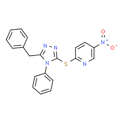 ChemSpider 2D Image | 2-[(5-Benzyl-4-phenyl-4H-1,2,4-triazol-3-yl)sulfanyl]-5-nitropyridine | C20H15N5O2S