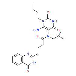ChemSpider 2D Image | N-(6-Amino-1-butyl-2,4-dioxo-1,2,3,4-tetrahydro-5-pyrimidinyl)-N-isobutyl-4-(4-oxo-1,4-dihydro-2-quinazolinyl)butanamide | C24H32N6O4