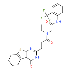 ChemSpider 2D Image | N-Ethyl-3-(4-oxo-1,4,5,6,7,8-hexahydro[1]benzothieno[2,3-d]pyrimidin-2-yl)-N-(2-oxo-2-{[2-(trifluoromethyl)phenyl]amino}ethyl)propanamide | C24H25F3N4O3S