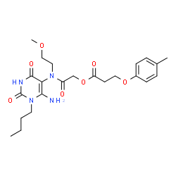 ChemSpider 2D Image | 2-[(6-Amino-1-butyl-2,4-dioxo-1,2,3,4-tetrahydro-5-pyrimidinyl)(2-methoxyethyl)amino]-2-oxoethyl 3-(4-methylphenoxy)propanoate | C23H32N4O7