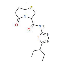 ChemSpider 2D Image | 7a-Methyl-5-oxo-N-[5-(3-pentanyl)-1,3,4-thiadiazol-2-yl]hexahydropyrrolo[2,1-b][1,3]thiazole-3-carboxamide | C15H22N4O2S2
