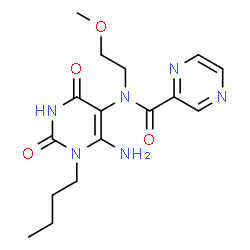 ChemSpider 2D Image | N-(6-Amino-1-butyl-2,4-dioxo-1,2,3,4-tetrahydro-5-pyrimidinyl)-N-(2-methoxyethyl)-2-pyrazinecarboxamide | C16H22N6O4