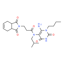 ChemSpider 2D Image | N-(6-Amino-1-butyl-2,4-dioxo-1,2,3,4-tetrahydro-5-pyrimidinyl)-3-(1,3-dioxo-1,3,3a,4,7,7a-hexahydro-2H-isoindol-2-yl)-N-isobutylpropanamide | C23H33N5O5