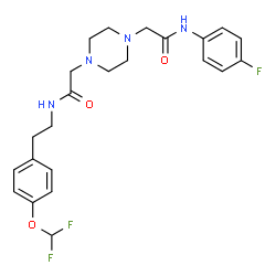 ChemSpider 2D Image | 2-{4-[2-({2-[4-(Difluoromethoxy)phenyl]ethyl}amino)-2-oxoethyl]-1-piperazinyl}-N-(4-fluorophenyl)acetamide | C23H27F3N4O3