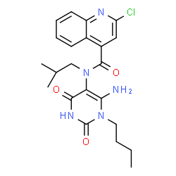 ChemSpider 2D Image | N-(6-Amino-1-butyl-2,4-dioxo-1,2,3,4-tetrahydro-5-pyrimidinyl)-2-chloro-N-isobutyl-4-quinolinecarboxamide | C22H26ClN5O3