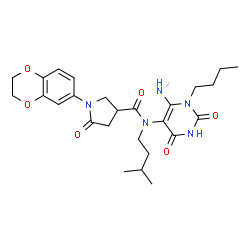 ChemSpider 2D Image | N-(6-Amino-1-butyl-2,4-dioxo-1,2,3,4-tetrahydro-5-pyrimidinyl)-1-(2,3-dihydro-1,4-benzodioxin-6-yl)-N-(3-methylbutyl)-5-oxo-3-pyrrolidinecarboxamide | C26H35N5O6