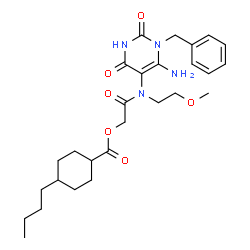 ChemSpider 2D Image | 2-[(6-Amino-1-benzyl-2,4-dioxo-1,2,3,4-tetrahydro-5-pyrimidinyl)(2-methoxyethyl)amino]-2-oxoethyl 4-butylcyclohexanecarboxylate | C27H38N4O6