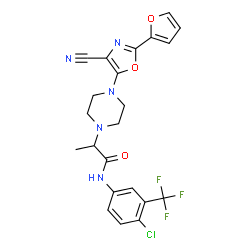 ChemSpider 2D Image | N-[4-Chloro-3-(trifluoromethyl)phenyl]-2-{4-[4-cyano-2-(2-furyl)-1,3-oxazol-5-yl]-1-piperazinyl}propanamide | C22H19ClF3N5O3