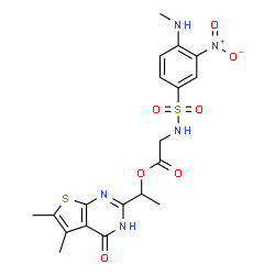 ChemSpider 2D Image | 1-(5,6-Dimethyl-4-oxo-1,4-dihydrothieno[2,3-d]pyrimidin-2-yl)ethyl N-{[4-(methylamino)-3-nitrophenyl]sulfonyl}glycinate | C19H21N5O7S2