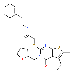 ChemSpider 2D Image | N-[2-(1-Cyclohexen-1-yl)ethyl]-2-{[5-ethyl-6-methyl-4-oxo-3-(tetrahydro-2-furanylmethyl)-3,4-dihydrothieno[2,3-d]pyrimidin-2-yl]sulfanyl}acetamide | C24H33N3O3S2