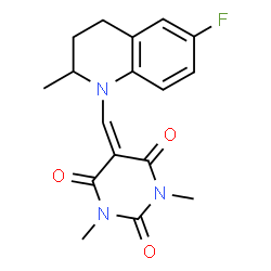 ChemSpider 2D Image | 5-[(6-Fluoro-2-methyl-3,4-dihydro-1(2H)-quinolinyl)methylene]-1,3-dimethyl-2,4,6(1H,3H,5H)-pyrimidinetrione | C17H18FN3O3