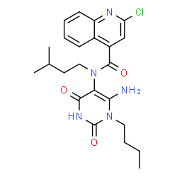 ChemSpider 2D Image | N-(6-Amino-1-butyl-2,4-dioxo-1,2,3,4-tetrahydro-5-pyrimidinyl)-2-chloro-N-(3-methylbutyl)-4-quinolinecarboxamide | C23H28ClN5O3