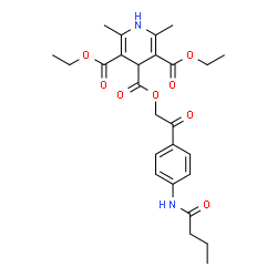 ChemSpider 2D Image | 4-{2-[4-(Butyrylamino)phenyl]-2-oxoethyl} 3,5-diethyl 2,6-dimethyl-1,4-dihydro-3,4,5-pyridinetricarboxylate | C26H32N2O8