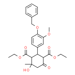 ChemSpider 2D Image | Diethyl 2-[4-(benzyloxy)-3-methoxyphenyl]-4-hydroxy-4-methyl-6-oxo-1,3-cyclohexanedicarboxylate | C27H32O8