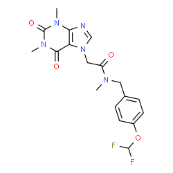 ChemSpider 2D Image | N-[4-(Difluoromethoxy)benzyl]-2-(1,3-dimethyl-2,6-dioxo-1,2,3,6-tetrahydro-7H-purin-7-yl)-N-methylacetamide | C18H19F2N5O4
