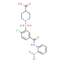 ChemSpider 2D Image | 1-({2-Chloro-5-[(2-nitrophenyl)carbamoyl]phenyl}sulfonyl)-4-piperidinecarboxylic acid | C19H18ClN3O7S