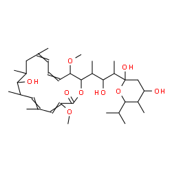 ChemSpider 2D Image | 2,4-Dideoxy-1-C-[3-hydroxy-4-(10-hydroxy-3,15-dimethoxy-7,9,11,13-tetramethyl-16-oxooxacyclohexadeca-4,6,12,14-tetraen-2-yl)-2-pentanyl]-5-isopropyl-4-methylpentopyranose | C35H58O9