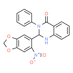ChemSpider 2D Image | 2-(6-Nitro-1,3-benzodioxol-5-yl)-3-phenyl-2,3-dihydro-4(1H)-quinazolinone | C21H15N3O5