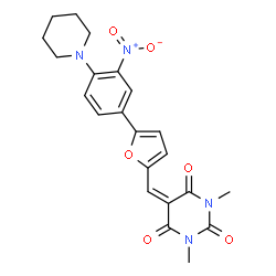 ChemSpider 2D Image | 1,3-Dimethyl-5-({5-[3-nitro-4-(1-piperidinyl)phenyl]-2-furyl}methylene)-2,4,6(1H,3H,5H)-pyrimidinetrione | C22H22N4O6