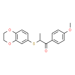 ChemSpider 2D Image | 2-(2,3-Dihydro-1,4-benzodioxin-6-ylsulfanyl)-1-(4-methoxyphenyl)-1-propanone | C18H18O4S